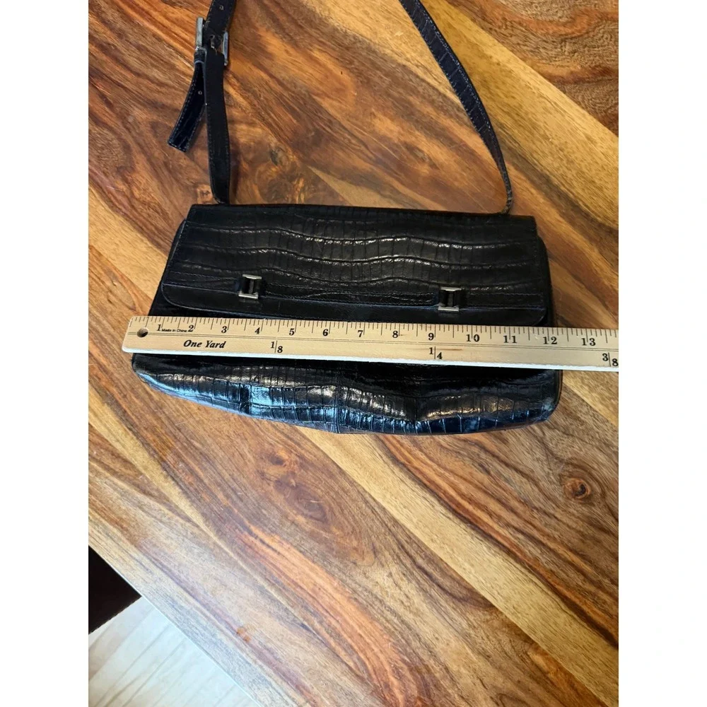 Etienne Aigner Black Croc Embossed Leather Baguette Shoulder Bag Silver Hardware